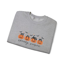 Load image into Gallery viewer, Spooky Season Sweatshirt, Cozy Fall Crewneck, Halloween Sweatshirt, Cat &amp; Pumpkin Sweater, Unisex Halloween Apparel