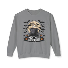 Load image into Gallery viewer, Halloween Coffee Crewneck Sweatshirt, Unisex Sweater for Fall, Cozy Autumn Style, Nightmare Before Coffee Gift, Halloween Apparel