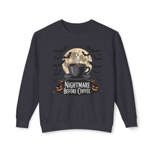 Load image into Gallery viewer, Halloween Coffee Crewneck Sweatshirt, Unisex Sweater for Fall, Cozy Autumn Style, Nightmare Before Coffee Gift, Halloween Apparel