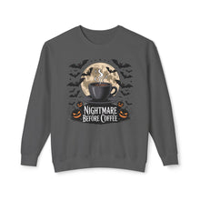 Load image into Gallery viewer, Halloween Coffee Crewneck Sweatshirt, Unisex Sweater for Fall, Cozy Autumn Style, Nightmare Before Coffee Gift, Halloween Apparel