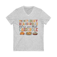 Load image into Gallery viewer, Thanksgiving V-Neck Tee - Turkey Gravy Beans Rolls Casserole Shirt, Fall Apparel, Holiday Gift, Family Gatherings, Casual Wear