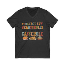 Load image into Gallery viewer, Thanksgiving V-Neck Tee - Turkey Gravy Beans Rolls Casserole Shirt, Fall Apparel, Holiday Gift, Family Gatherings, Casual Wear
