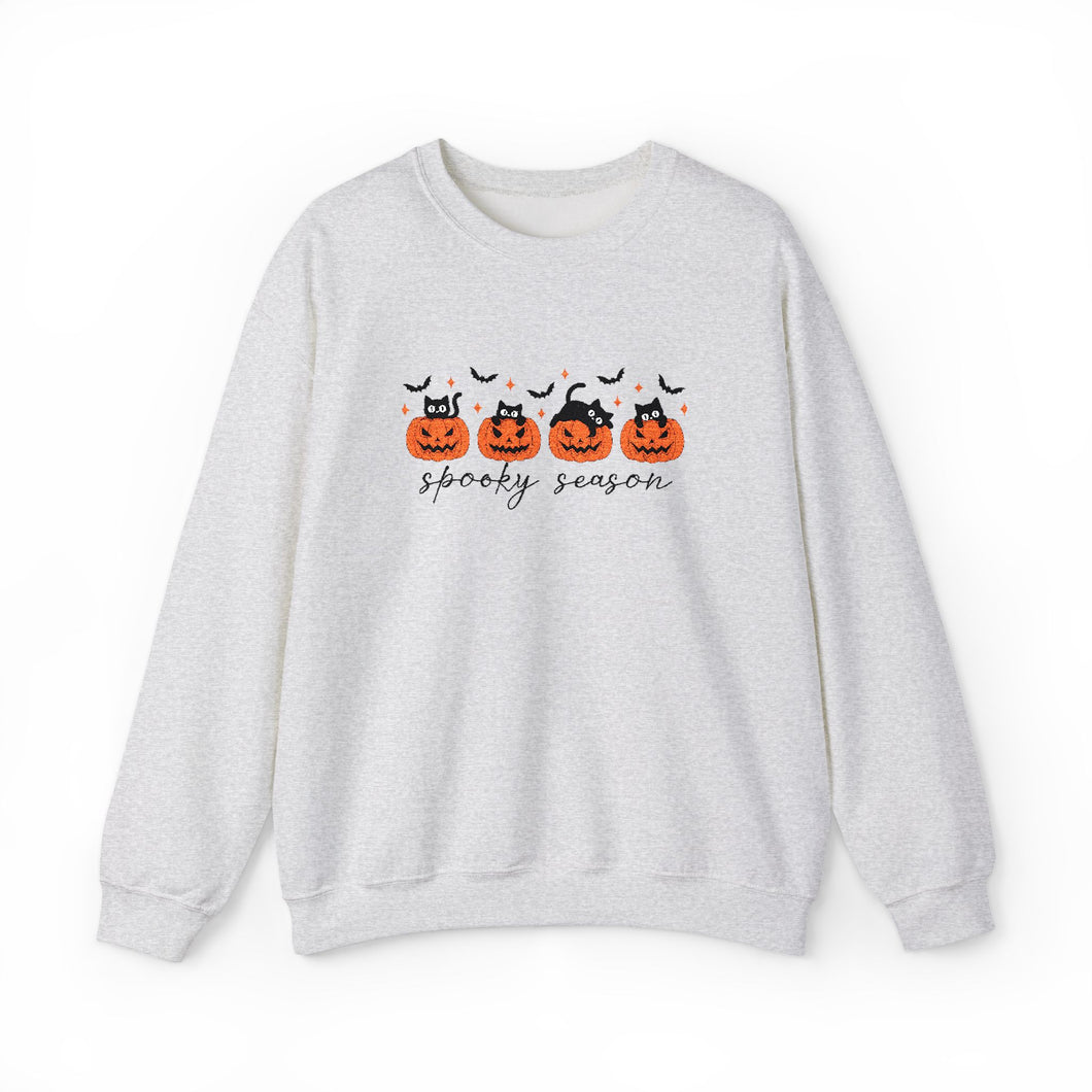 Spooky Season Sweatshirt, Cozy Fall Crewneck, Halloween Sweatshirt, Cat & Pumpkin Sweater, Unisex Halloween Apparel