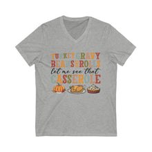 Load image into Gallery viewer, Thanksgiving V-Neck Tee - Turkey Gravy Beans Rolls Casserole Shirt, Fall Apparel, Holiday Gift, Family Gatherings, Casual Wear