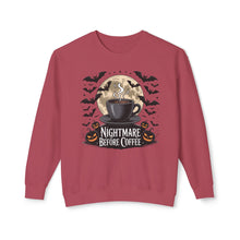 Load image into Gallery viewer, Halloween Coffee Crewneck Sweatshirt, Unisex Sweater for Fall, Cozy Autumn Style, Nightmare Before Coffee Gift, Halloween Apparel