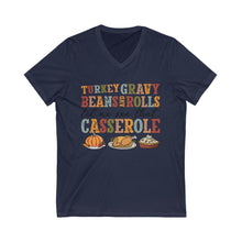 Load image into Gallery viewer, Thanksgiving V-Neck Tee - Turkey Gravy Beans Rolls Casserole Shirt, Fall Apparel, Holiday Gift, Family Gatherings, Casual Wear