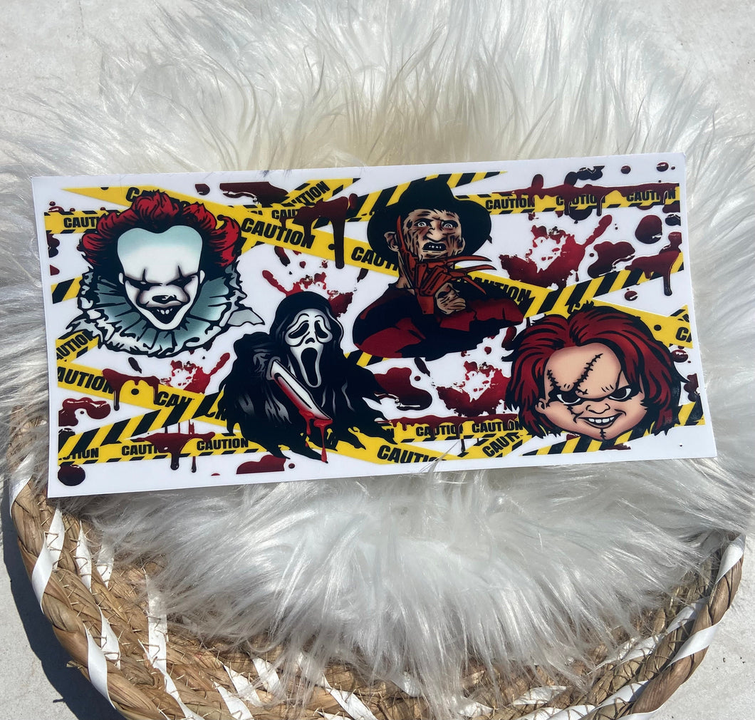 Horror Caution Tape UV DTF 16oz Glass Can Wrap Decal