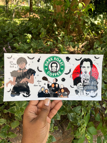 Wednesday Addams Coffee Cup Wrap: 16oz UV DTF Permanent Decal