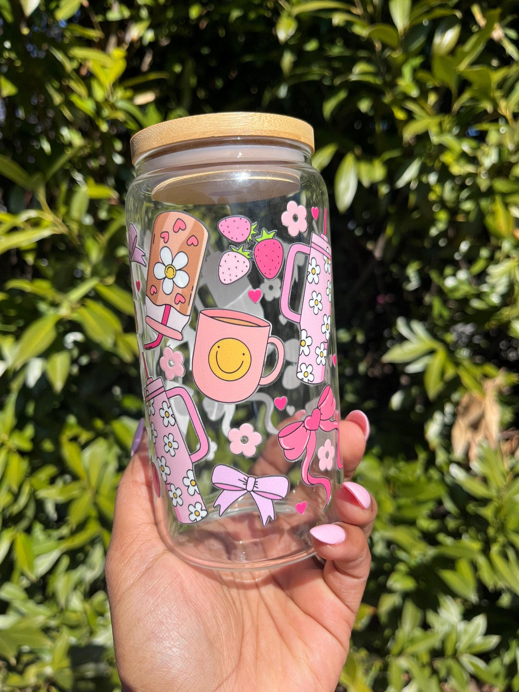 Pink Aesthetic Bows Smiles Glass Cup Cute Girly Coffee & Stanley Cup Design