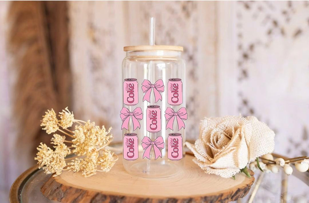 Pink Bow Diet Soda Can UV DTF Wrap: 16oz Libbey Cup Vinyl