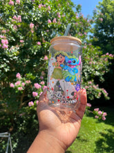 Load image into Gallery viewer, Ohana Means Family Glass Can Cup – 16oz Stitch &amp; Lilo Cup with Bamboo Lid  Glass Straw | Cute Iced Coffee Tumbler, Kawaii Summer Gift