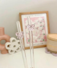Load image into Gallery viewer, Bow glass Straw| Cute Glass Straws| Glass Straw |gift for her| Cup Accessories | Pink Glass Straw