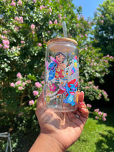 Load image into Gallery viewer, Ohana Means Family Glass Can Cup – 16oz Stitch &amp; Lilo Cup with Bamboo Lid  Glass Straw | Cute Iced Coffee Tumbler, Kawaii Summer Gift