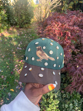 Load image into Gallery viewer, Handmade Rhinestone Bird Baseball Cap: Green &amp; Brown Sparkle