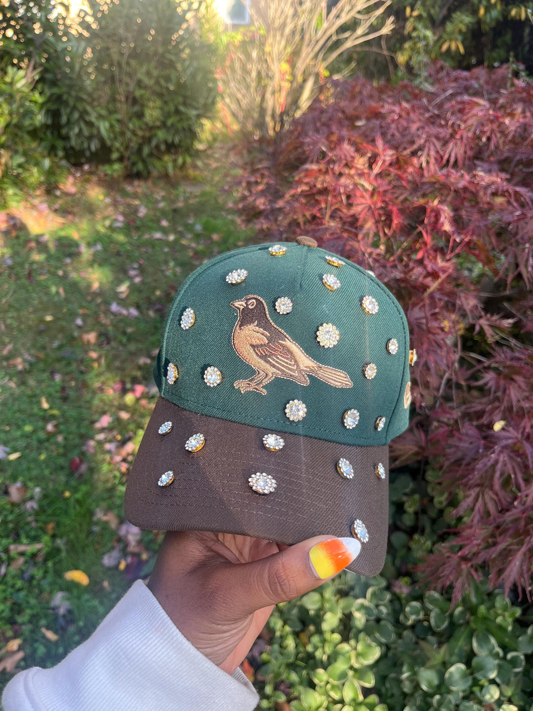 Handmade Rhinestone Bird Baseball Cap: Green & Brown Sparkle