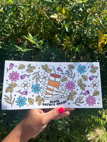 Death before decaf UV DTF Wrap, 16oz Glass Can Wrap, Glass Cup, Transfer, Ready to Apply, Ghost, Book, Glasses, Flowers, Bow, Cute, Boo